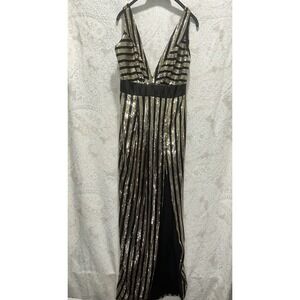 LUXXEL Black Gold Sequin Striped Plunge Neck Maxi Dress High Slit Formal Gown L